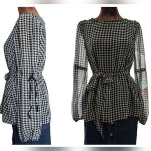Max Studio chiffon gingham peasant blouse with removable tie belt size S
